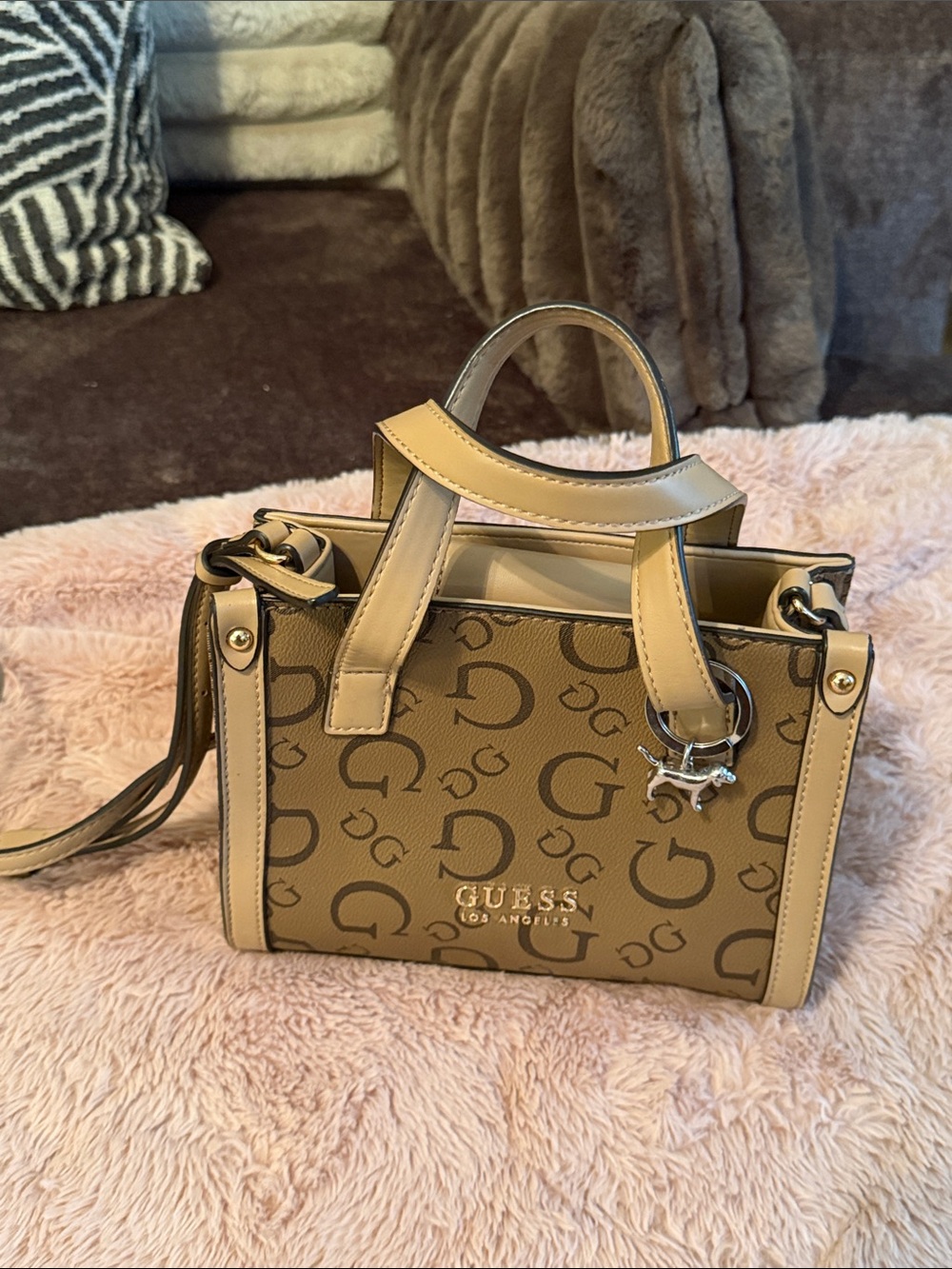 GUESS Tan Logo Satchel Bag - Classic Monogram Design